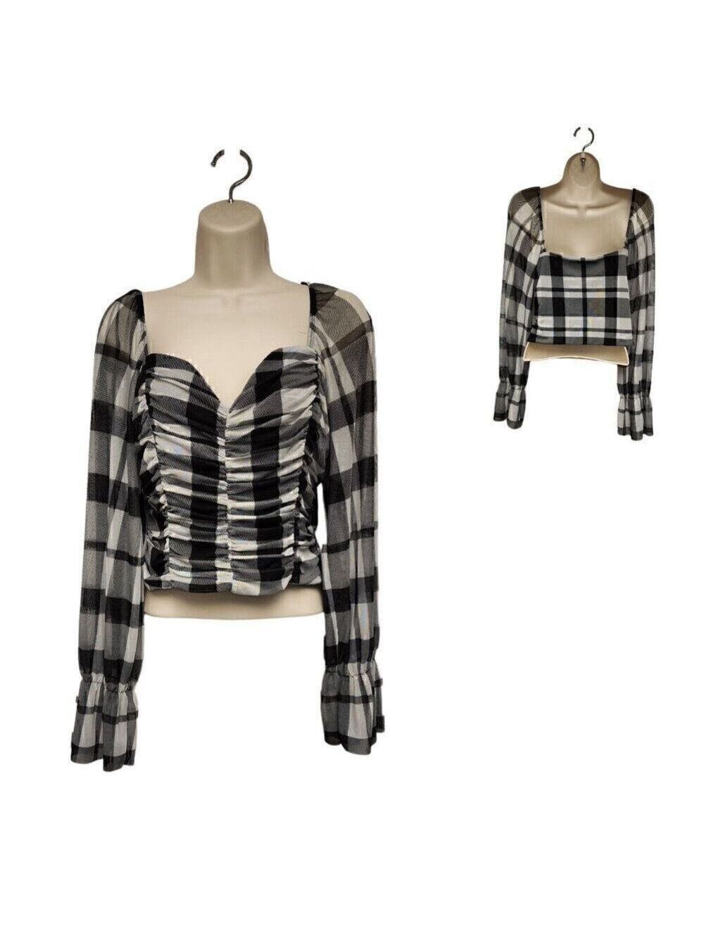 Lily & Star Bell Sleeves Square Neckline Plaid Black/White Blouse Size XL